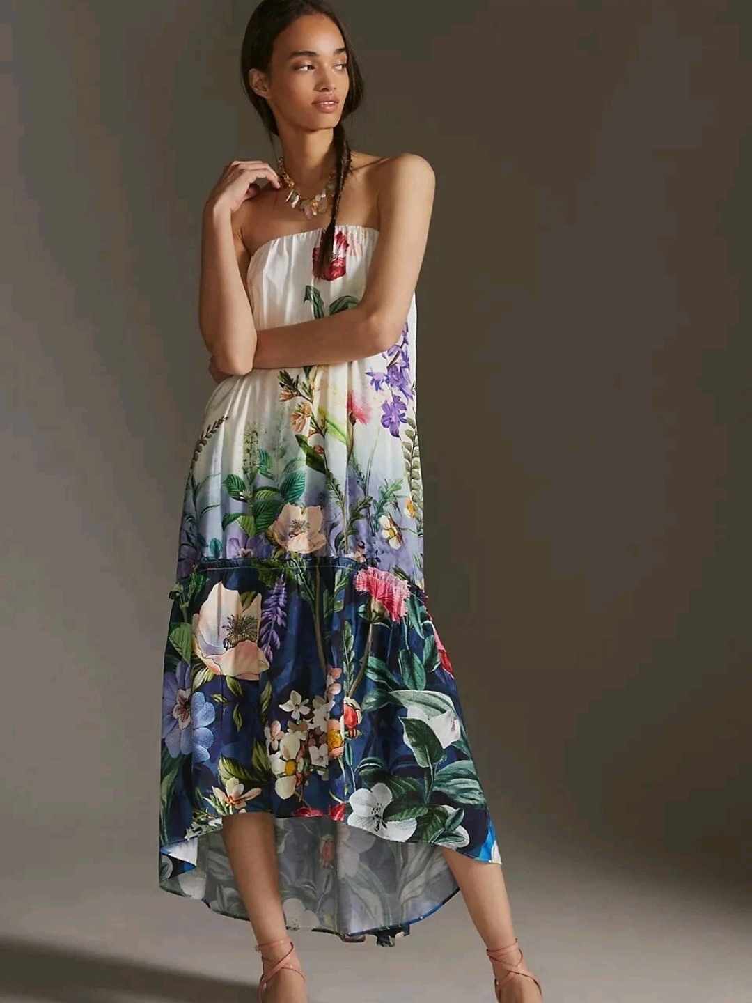 Anthropologie Floral Strapless High-Low Maxi Dress In Multicolor Size L